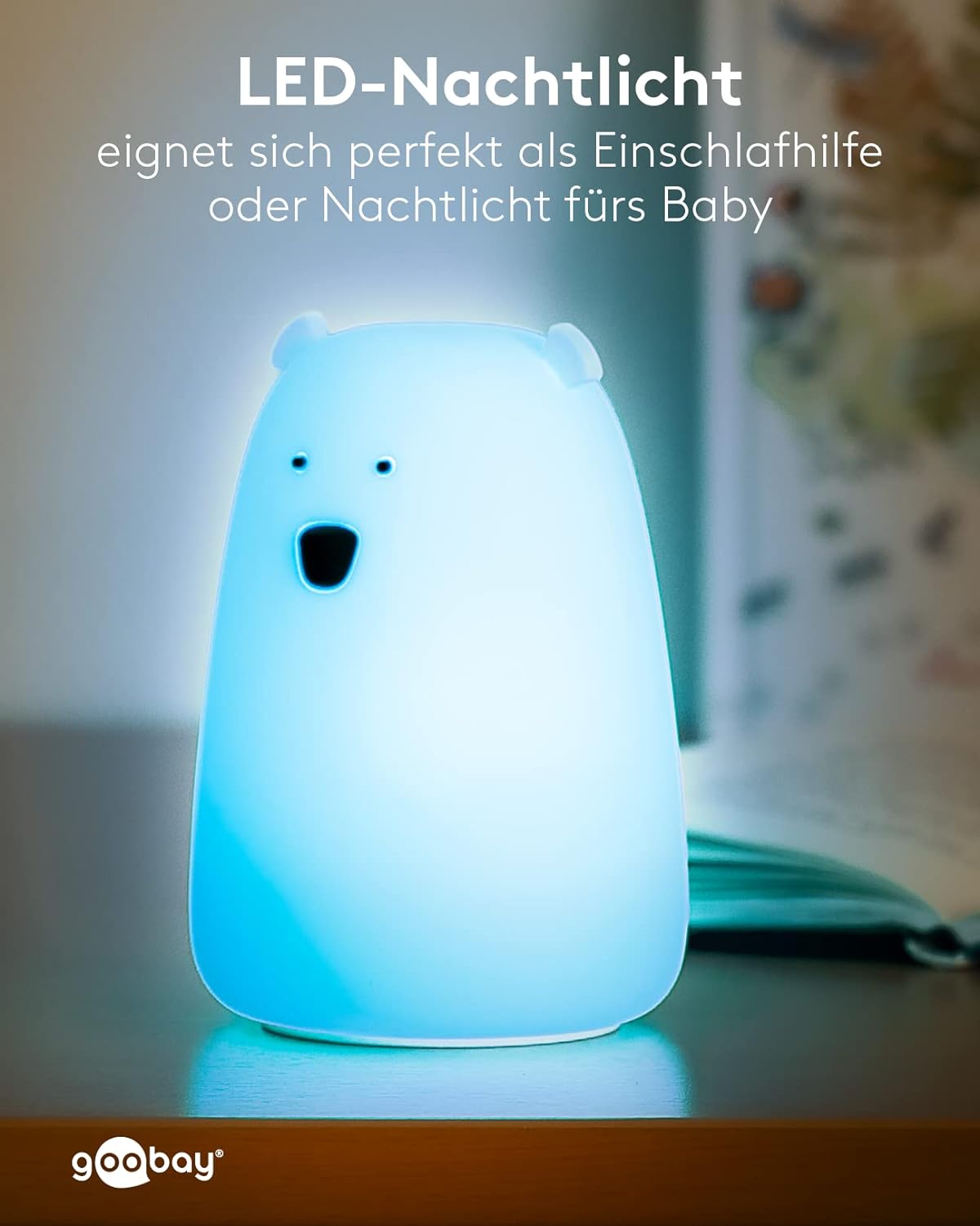 LED Nachtlicht Eisbär/geeignet als Einschlafhilfe, Stilllicht und Kinderzimmer Deko/leuchtet in warmweißem Licht, 7 Farbwechsel und 3 Leuchtmodi