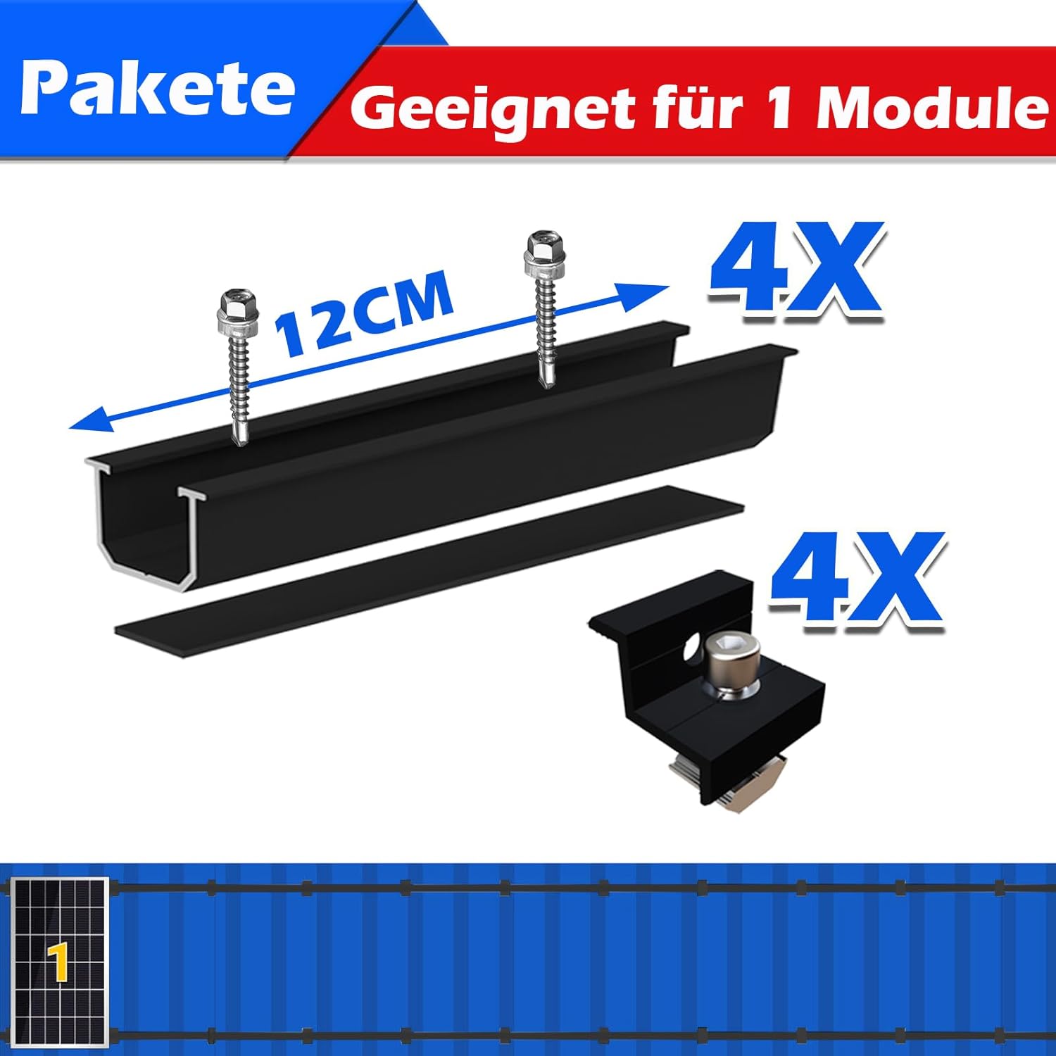 Solarmodul Halterung Montageset, Schwarzes 12CM Aluprofil und Verstellbare Klammern Befestigung für Solarmodul, Solarpanel Halterung 1 Modul 30-35MM für Flachdach Trapezblech Blechdach