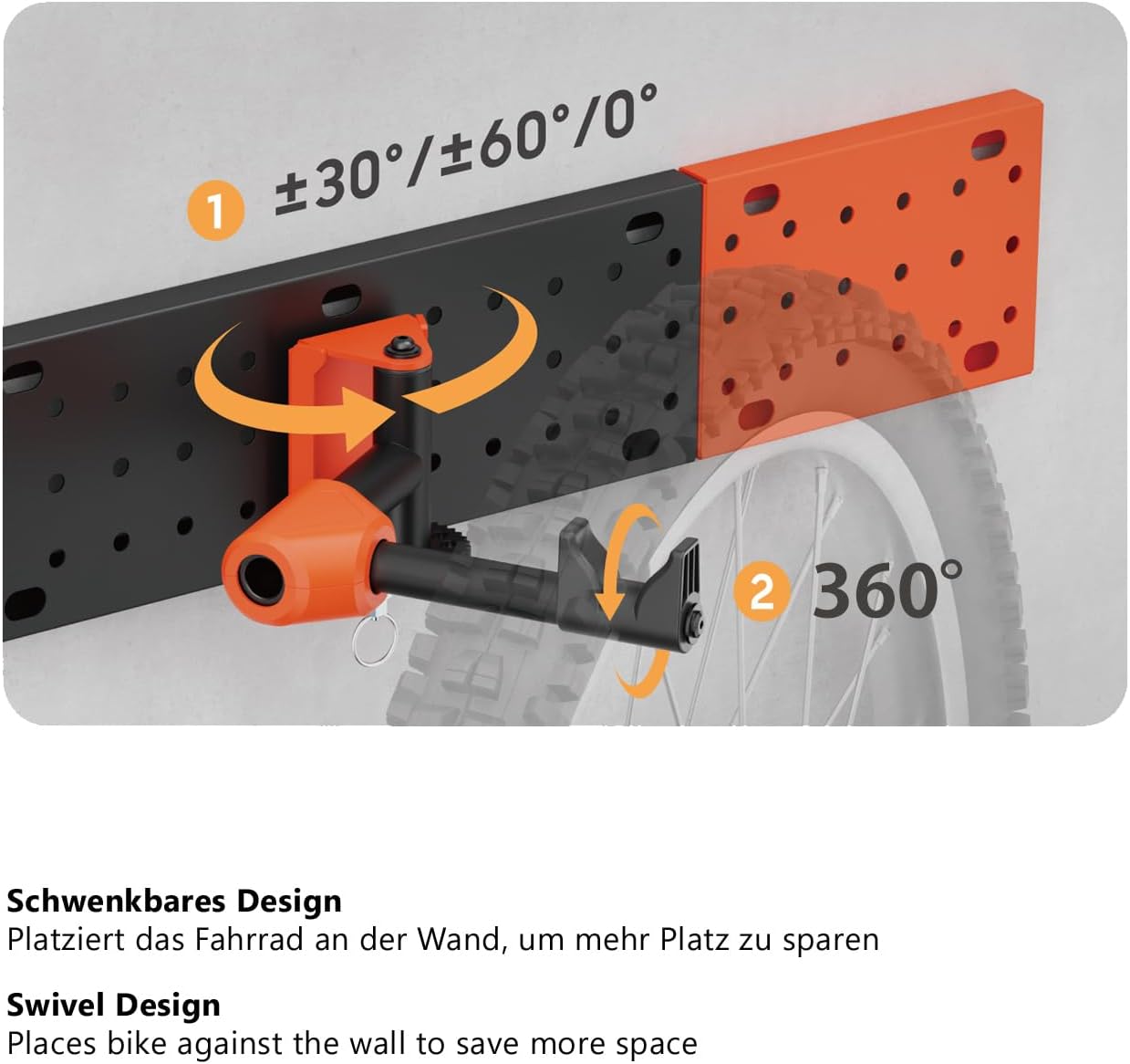 my wall modulare Fahrrad Wandhalterung - HR13L vertikale & horizontale Aufhängung, Fahrradhalterung für Räder bis 30 kg & 45 mm Reifenbreite, zwei Zusatzhaken mit je 5 kg belastbar