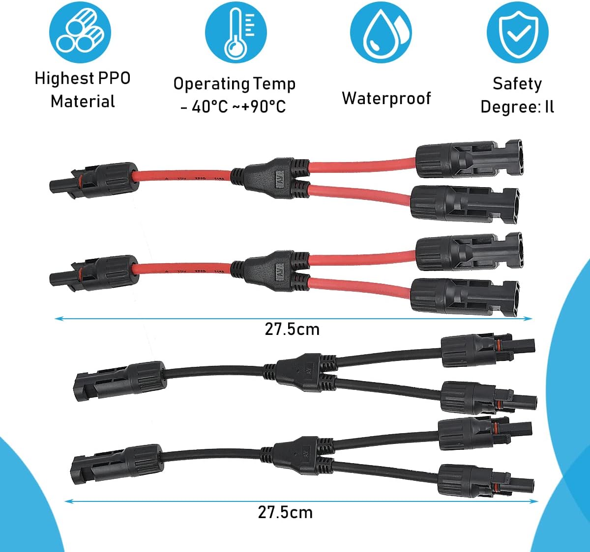 2 Paar Solarkabel Y-Verteiler Solarpanel-Kabel MMF+FFM für Parallel-Photovoltaik-Anschluss, Solarpanel Stecker Solaranschluss Y-Zweig Paralleladapter, 2 Rot + 2 Schwarz