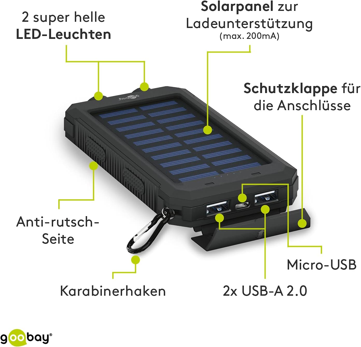 Outdoor Powerbank 8.0 (8.000 mAh), für Outdoor-Abenteuer Dank Robusten Design, Solarpanel und Taschenlampenfunktion