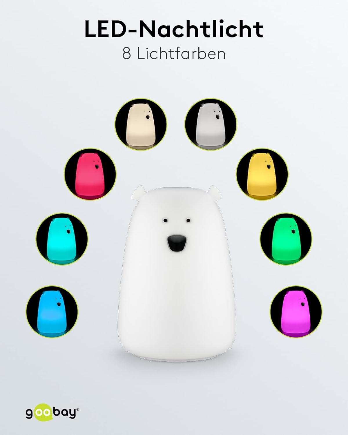 LED Nachtlicht Eisbär/geeignet als Einschlafhilfe, Stilllicht und Kinderzimmer Deko/leuchtet in warmweißem Licht, 7 Farbwechsel und 3 Leuchtmodi