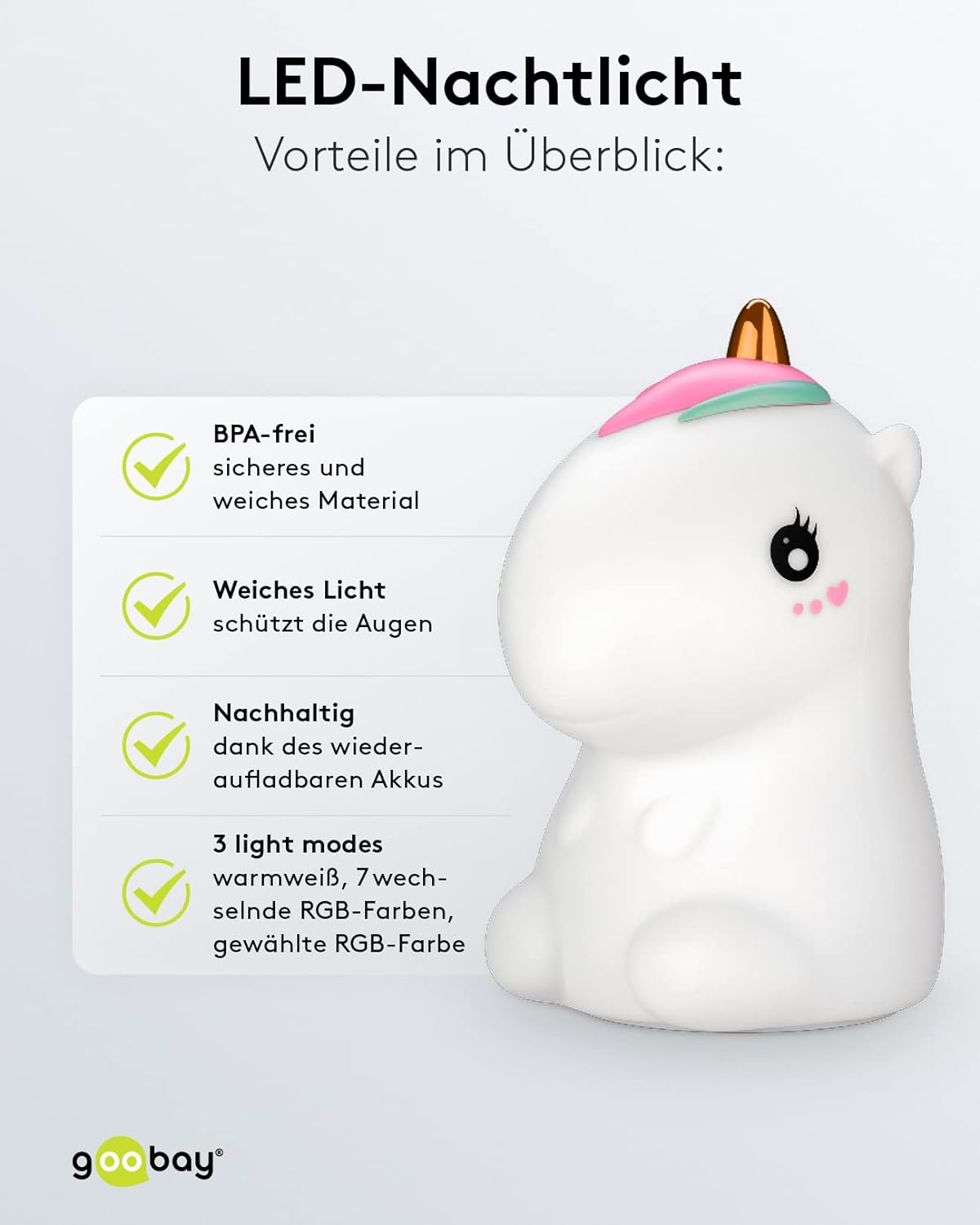 LED Nachtlicht Einhorn/geeignet als Einschlafhilfe, Stilllicht und Kinderzimmer Deko/leuchtet in warmweißem Licht, 7 Farbwechsel und 3 Leuchtmodi