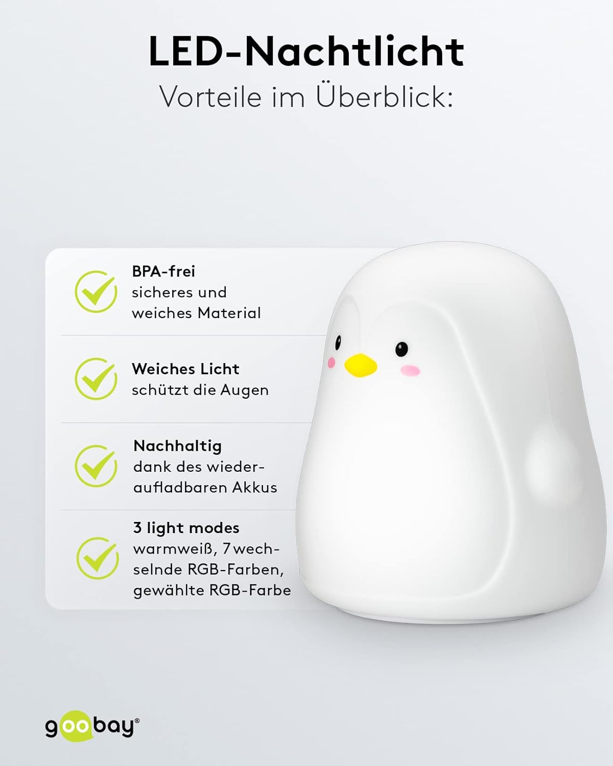 LED Nachtlicht Pinguin/geeignet als Einschlafhilfe, Stilllicht und Kinderzimmer Deko/leuchtet in warmweißem Licht, 7 Farbwechsel und 3 Leuchtmodi, Klein
