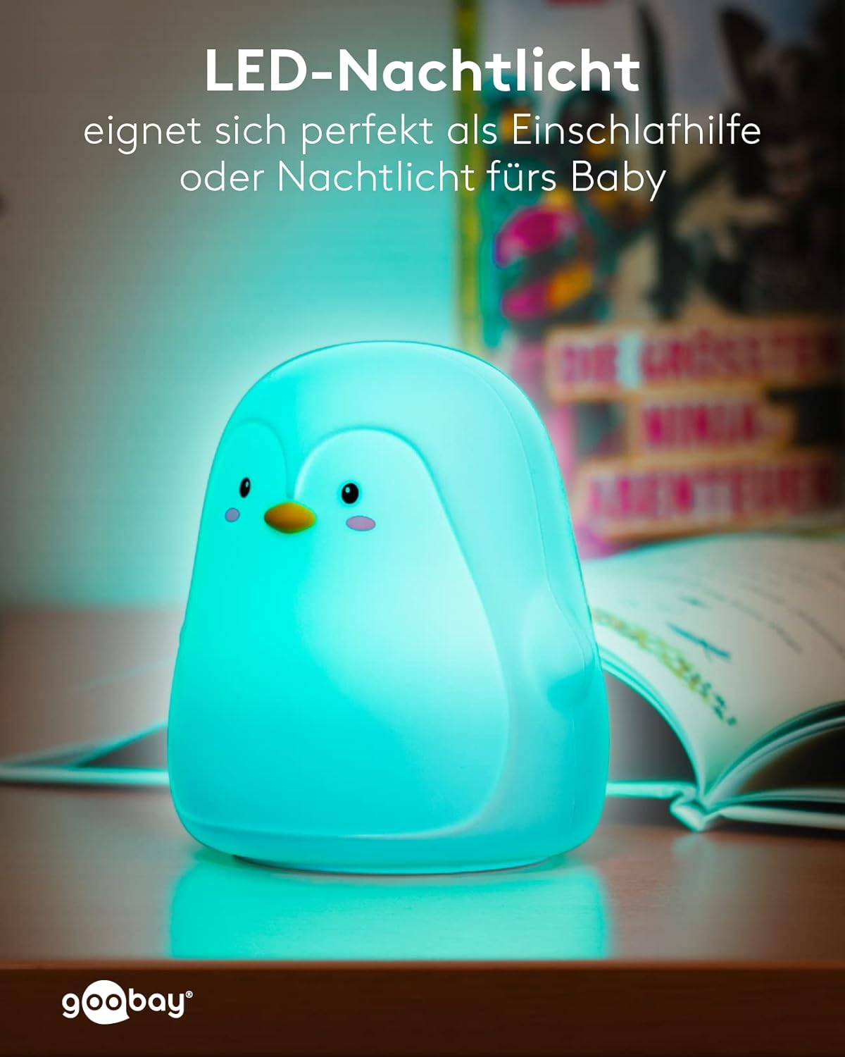 LED Nachtlicht Pinguin/geeignet als Einschlafhilfe, Stilllicht und Kinderzimmer Deko/leuchtet in warmweißem Licht, 7 Farbwechsel und 3 Leuchtmodi, Klein