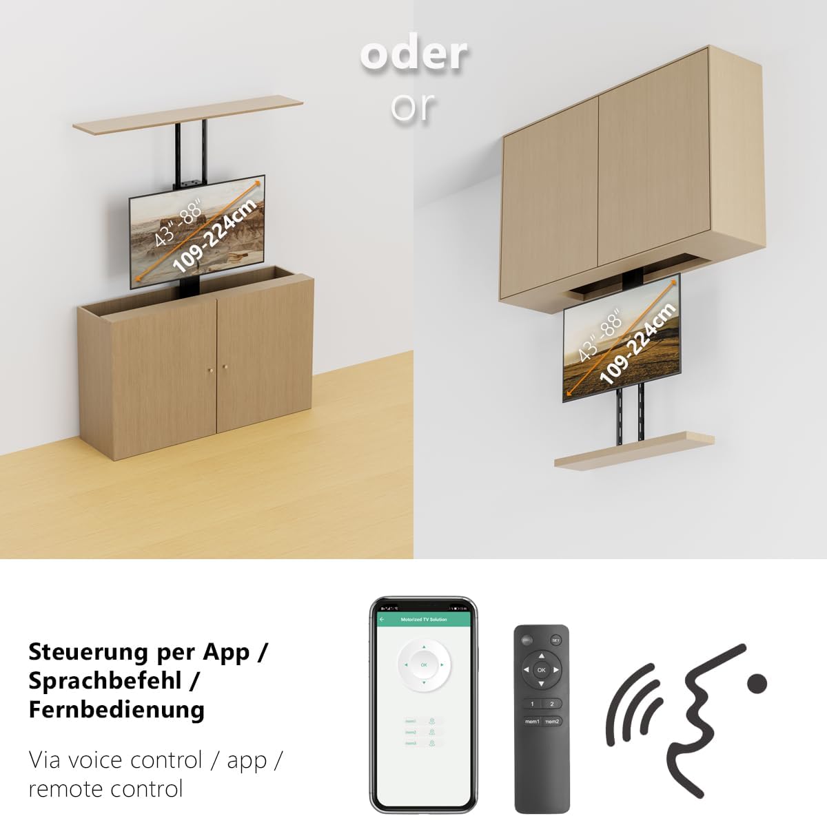 my wall TV Lift HP66-3L – Möbel- & Deckenmontage, Steuerung per Fernbedienung, App & Sprachbefehl (Alexa/Google), für 43"-88" (109-224 cm), bis 60 kg