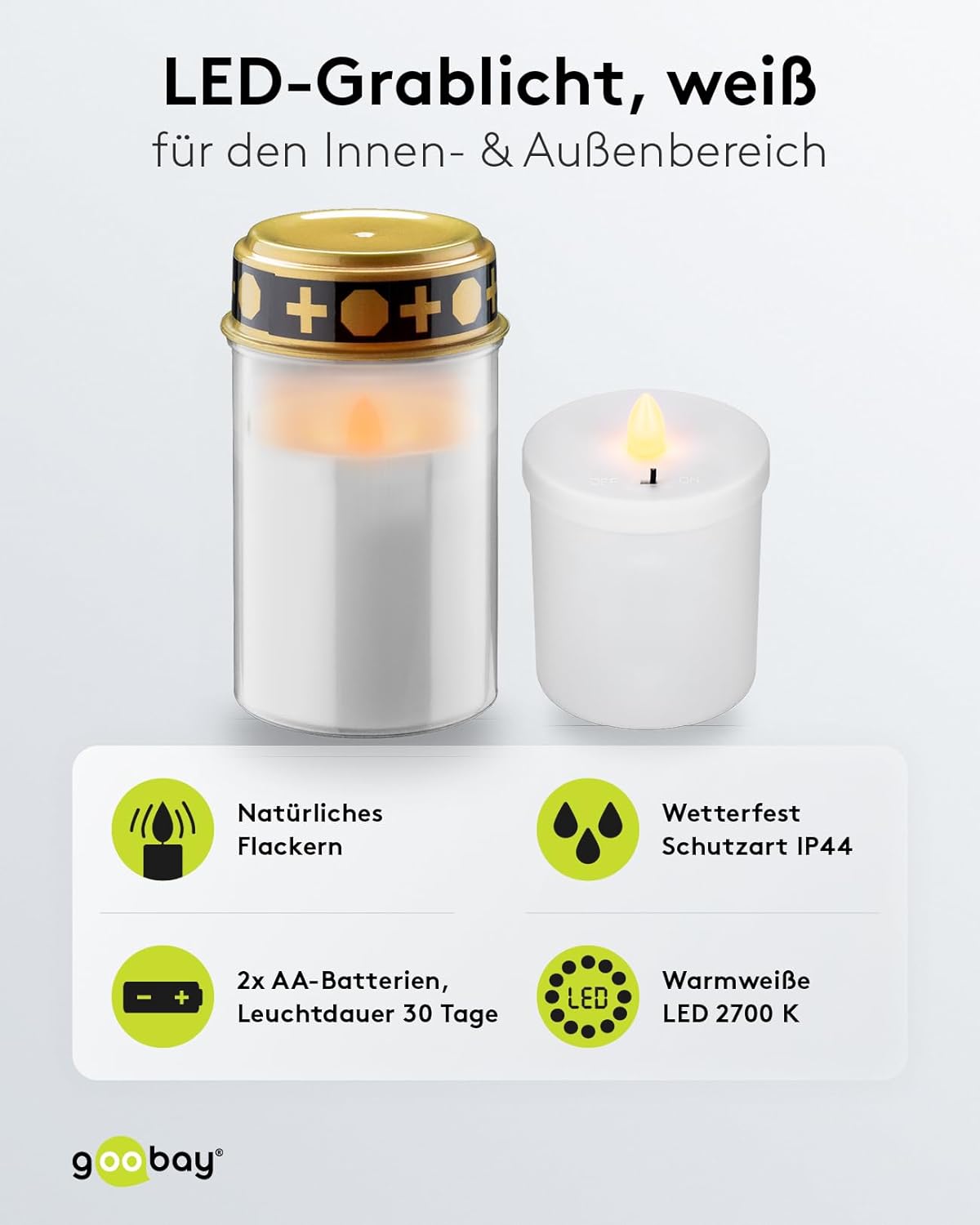 LED Grablicht mit Batterie/LED Grabkerzen Outdoor/Friedhof Kerzen/Grablichter/Ewiges Licht/Grablampe/Weiß/Batteriebetrieben 2x AA Mignon (Nicht im Lieferumfang enthalten)