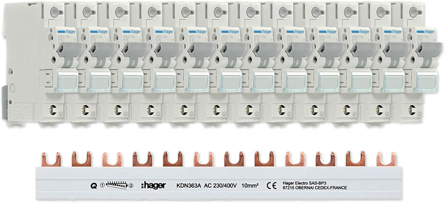 Hager Set 12x LS Schalter 1-polig MBS116 + 1x Phasenschiene 3-polig KDN363A