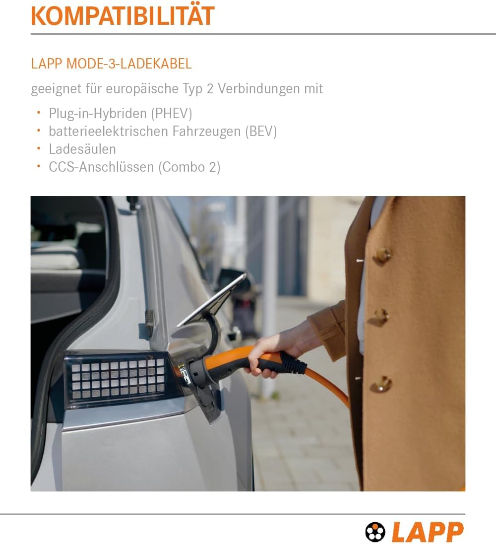 Lapp Mobility Typ 2 Ladekabel (3m/5m/7m/10m) 22 KW orange / Glatt / 32 A / 3-Phasig / E-Auto Ladekabel / Mode 3