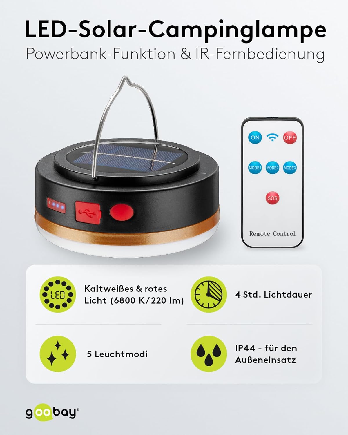 LED Solar Campinglampe mit IR Fernbedienung / Camping Beleuchtung / Outdoor Lampe / Hängelampe / 6 Leuchtmodi / 3,7 V, 2000 mAh / Powerbank Funktion / Aufladen von USB A Geräten