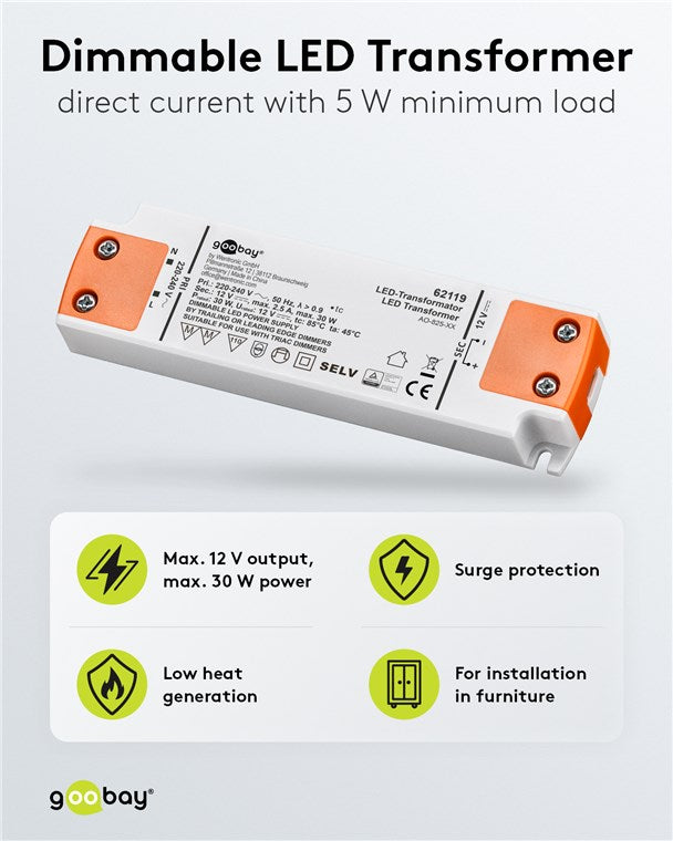 goobay LED Trafo 12v Dimmbar / Trafo 230v auf 12v LED / Transformator 230v 12v DC für LEDs bis 30 W Gesamtlast / LED Trafo 12v 30w / LED Treiber 12v dimmbar mit Überspannungsschutz