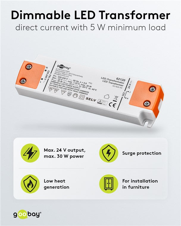 goobay LED Trafo 24v Dimmbar / Trafo 230v auf 24v LED / Transformator 230v 24v DC für LEDs bis 30 W Gesamtlast / LED Treiber 24v dimmbar mit Überspannungsschutz