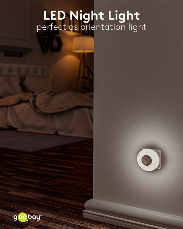 goobay LED Nachtlicht für die Steckdose/Schlummerlicht für Kinder/Steckdosenlicht/Dämmerungssensor und Schutzkontakt Steckdose / 3 Betriebs Modi (AN/AUS/AUTO) / Tageslichtweiß