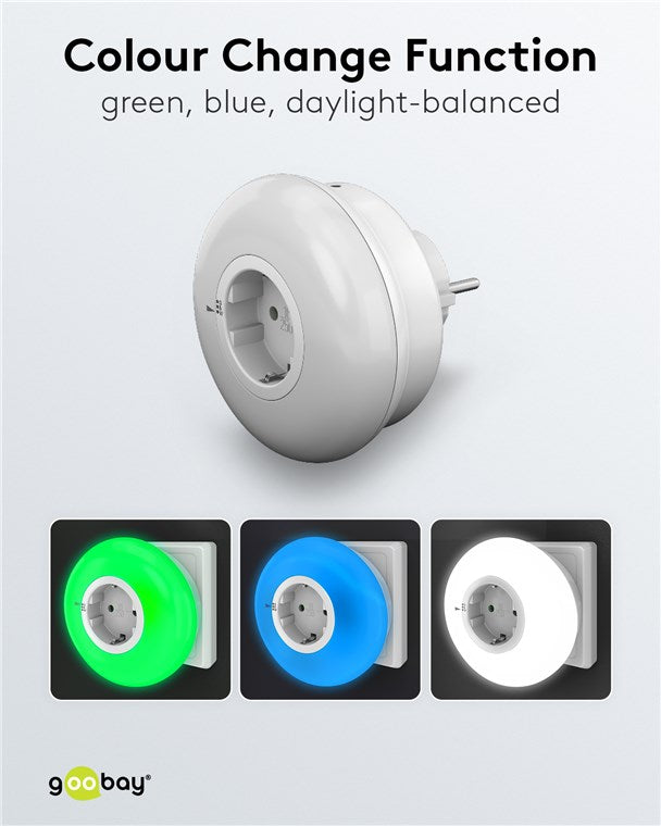 goobay LED Nachtlicht für die Steckdose/Schlummerlicht für Kinder/Steckdosenlicht/Dämmerungssensor und Schutzkontakt Steckdose / 3 Betriebs Modi (AN/AUS/AUTO) / Grün,Blau,Tageslichtweiß