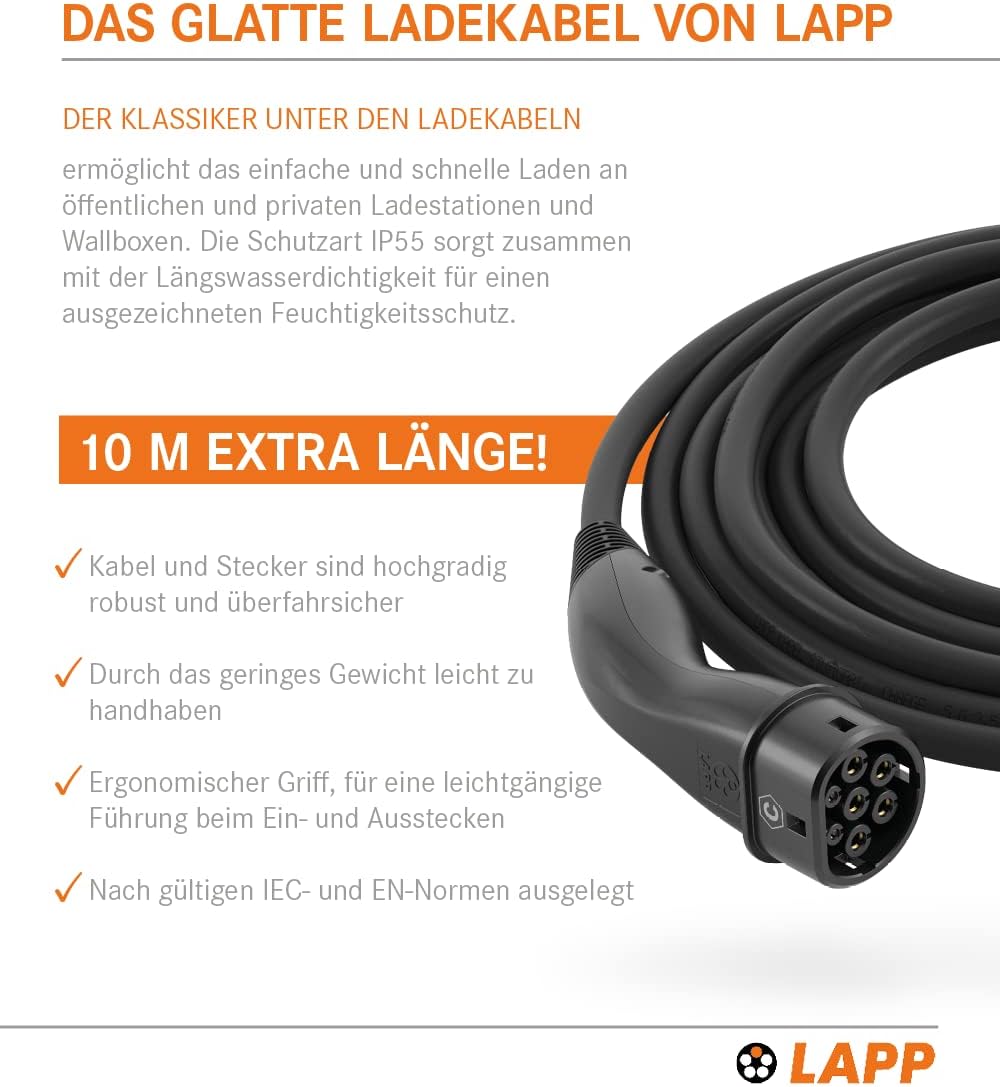 LAPP MOBILITY Typ 2 Ladekabel 22 KW 10m - Ladekabel E Auto 32a 3-Phasig - IP55 geschütztes Ladekabel Mode 3 - Ladekabel Typ 2 mit korrosionsresistenten Steckkontakten - geeignet für PHEV, BEV & EV