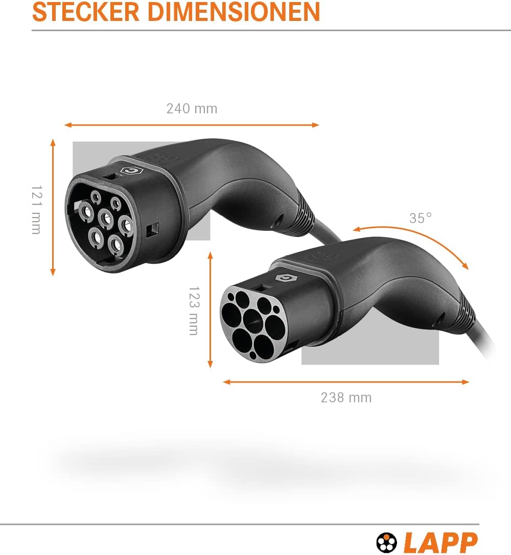 LAPP MOBILITY Typ 2 Ladekabel 22 KW 10m - Ladekabel E Auto 32a 3-Phasig - IP55 geschütztes Ladekabel Mode 3 - Ladekabel Typ 2 mit korrosionsresistenten Steckkontakten - geeignet für PHEV, BEV & EV