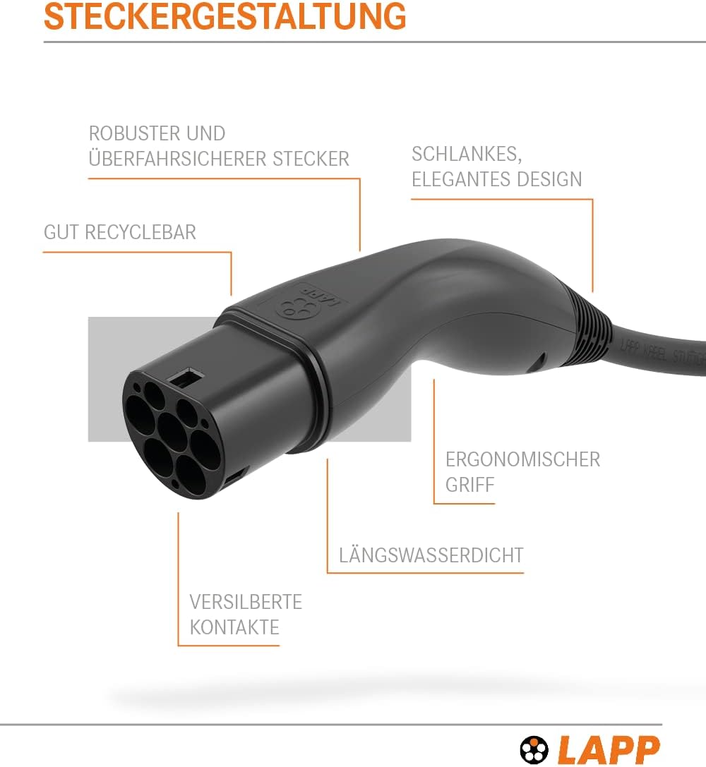 LAPP MOBILITY Typ 2 Ladekabel 22 KW 10m - Ladekabel E Auto 32a 3-Phasig - IP55 geschütztes Ladekabel Mode 3 - Ladekabel Typ 2 mit korrosionsresistenten Steckkontakten - geeignet für PHEV, BEV & EV