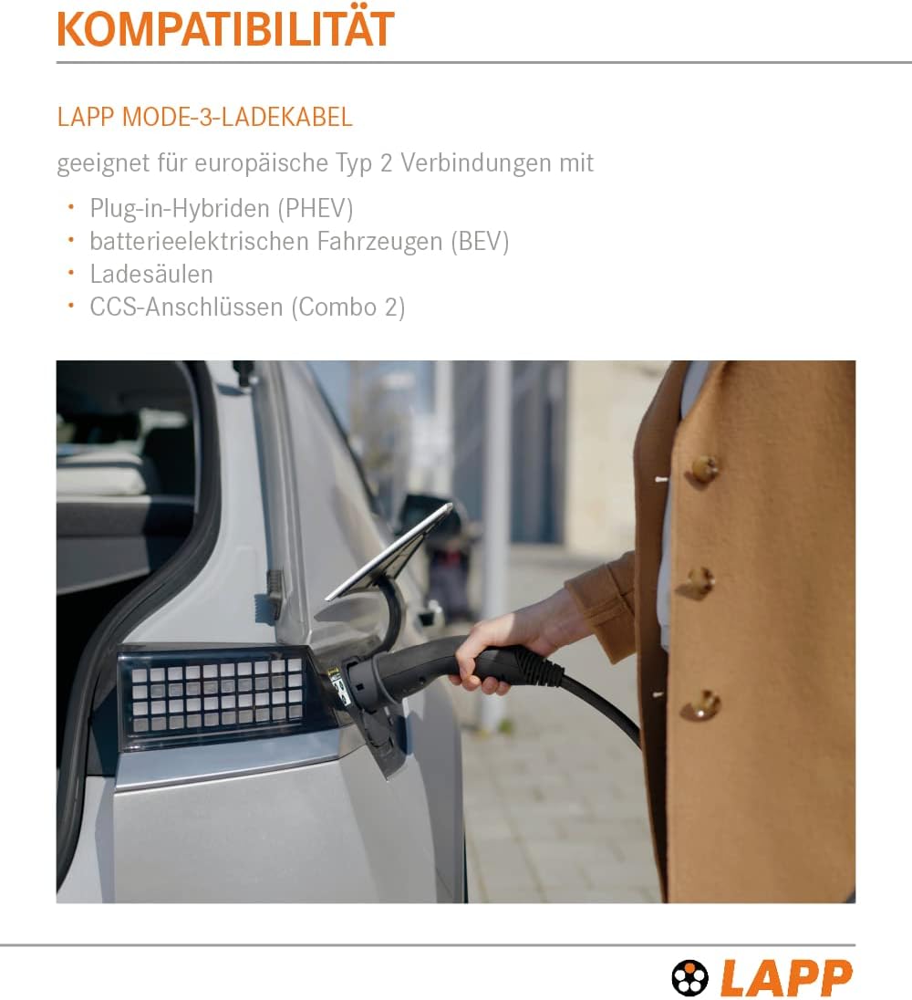 LAPP MOBILITY Typ 2 Ladekabel 22 KW 10m - Ladekabel E Auto 32a 3-Phasig - IP55 geschütztes Ladekabel Mode 3 - Ladekabel Typ 2 mit korrosionsresistenten Steckkontakten - geeignet für PHEV, BEV & EV