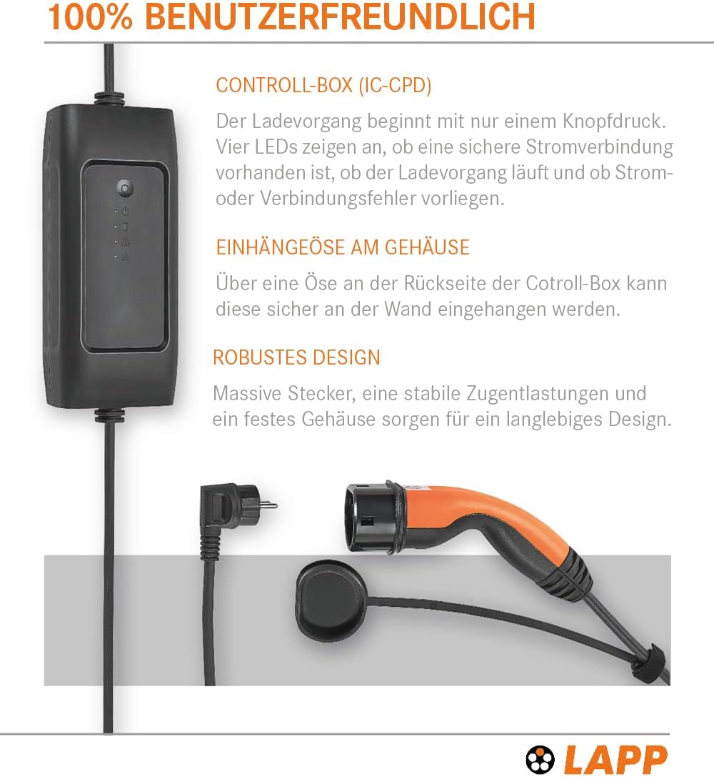 Lapp Mobility Typ 2 Ladestation 1,8kW / Schutzkontakt / 8A / 1-Phasig / E- Auto Ladekabel / Mode 2 / 6m