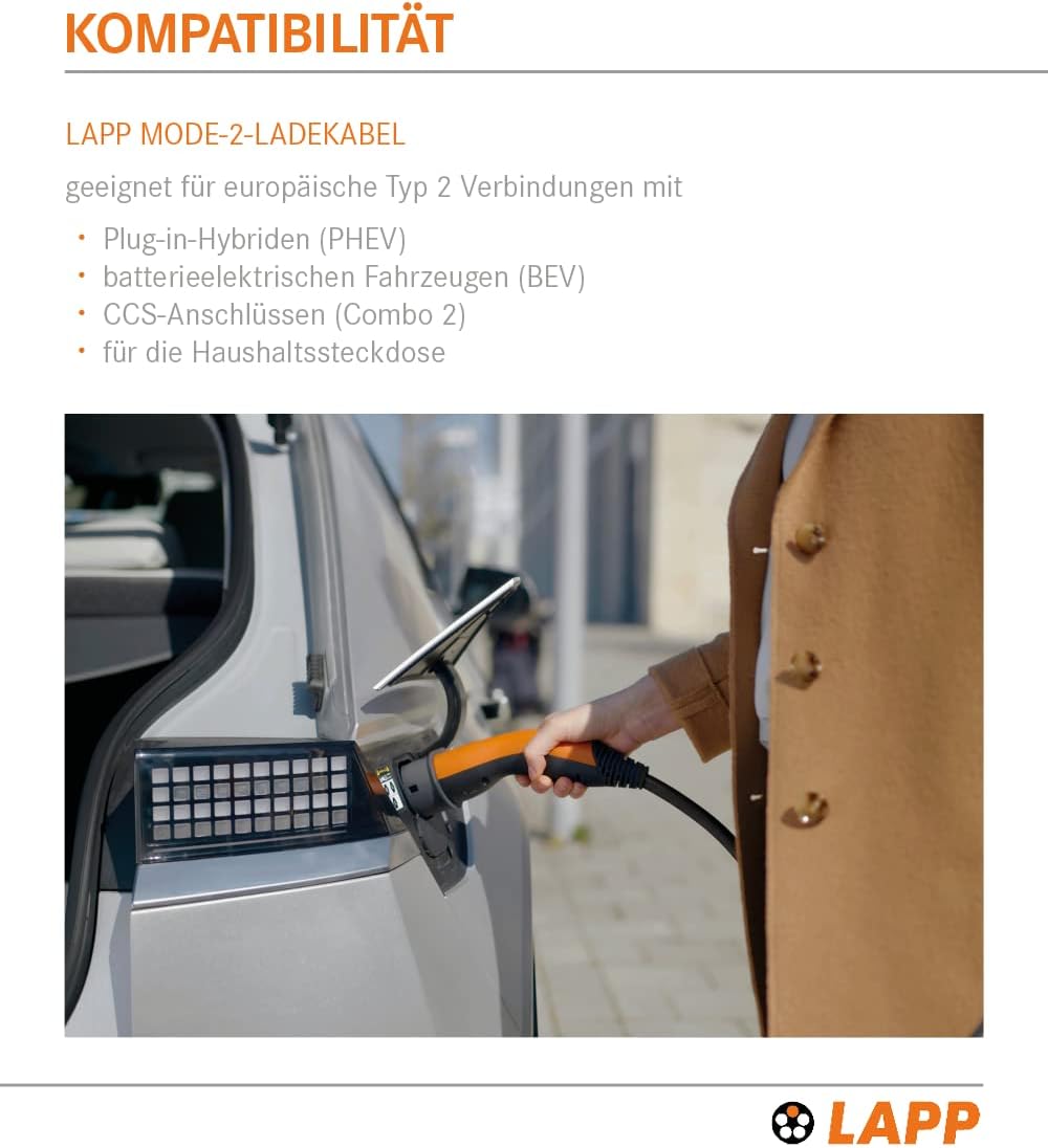 Lapp Mobility Typ 2 Ladestation 1,8kW / Schutzkontakt / 8A / 1-Phasig / E- Auto Ladekabel / Mode 2 / 6m