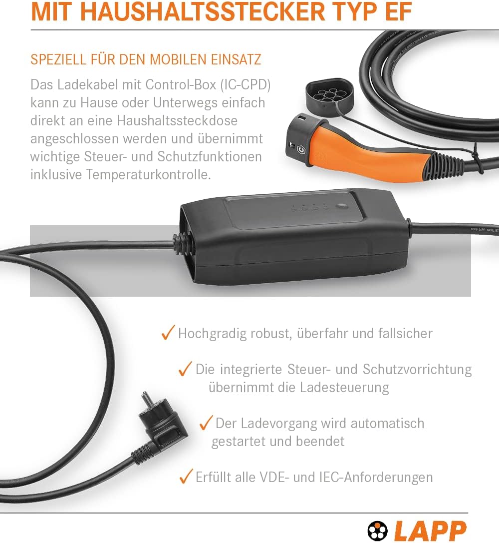 Lapp Mobility Typ 2 Ladestation 2,3 kW / Schutzkontakt / 10A / 1- Phasig /E- Auto Ladekabel / Mode 2 / 6m