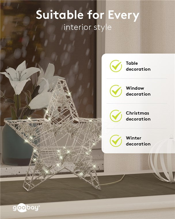 goobay LED Drahtstern 3D / Weihnachtsdeko / Weihnachtsstern mit Timer / Integrierte LED Lichterkette / verwendbar als Tischlampe, Deko im Winter und Weihnachten / Beleuchtung batteriebetrieben