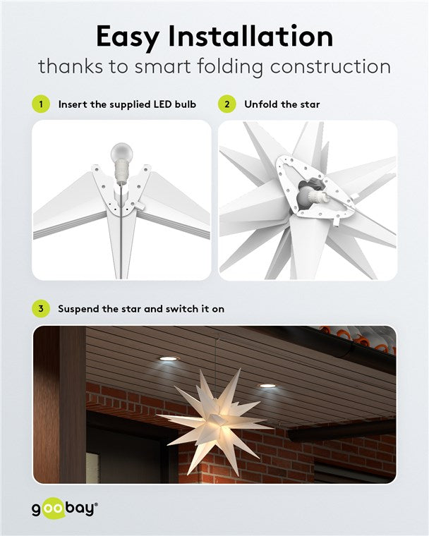 goobay LED Weihnachtsstern 3D Ø 56 cm / Stern mit 18 Zacken und Timer / Weihnachtsdeko / für stimmungsvolle Atmosphäre / Batteriebetrieben / Wanddeko / Leuchtstern / weiß
