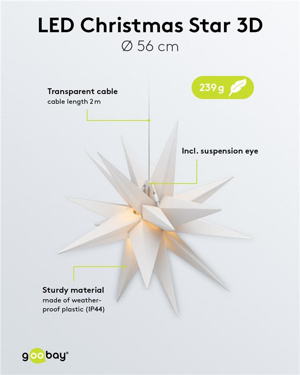 goobay LED Weihnachtsstern 3D Ø 56 cm / Stern mit 18 Zacken und Timer / Weihnachtsdeko / für stimmungsvolle Atmosphäre / Batteriebetrieben / Wanddeko / Leuchtstern / weiß