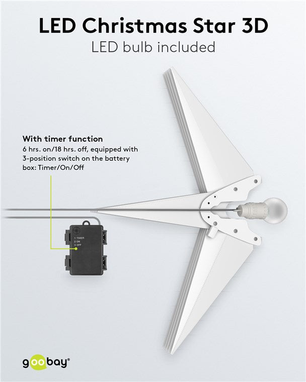 goobay LED Weihnachtsstern 3D Ø 56 cm / Stern mit 18 Zacken und Timer / Weihnachtsdeko / für stimmungsvolle Atmosphäre / Batteriebetrieben / Wanddeko / Leuchtstern / weiß