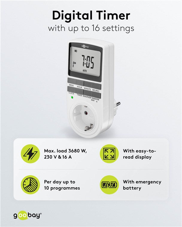 3er-Set Zeitschaltuhr digital mit 16 Programmen - Zeitschaltuhr Steckdose mit Zufallsmodus zum Einbruchschutz - Timer Steckdose inkl. 100 Tage Back-up Akku - 3680W - 230V (AC) - 16A