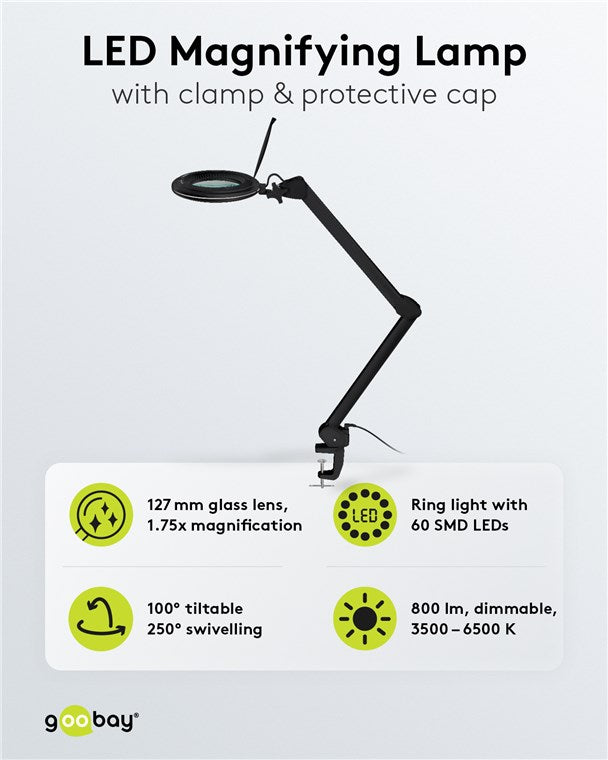 goobay LED Lupenleuchte mit Klemme / Lupenlampe aus Plastik / 10 W Leistungsaufnahme / Lichtstrom 800 lm / Betriebsspannung 230 V (AC) / Schwarz