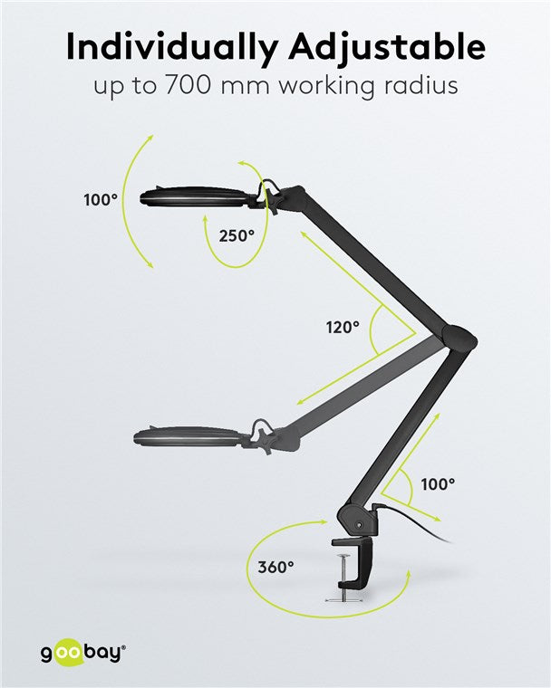 goobay LED Lupenleuchte mit Klemme / Lupenlampe aus Plastik / 10 W Leistungsaufnahme / Lichtstrom 800 lm / Betriebsspannung 230 V (AC) / Schwarz