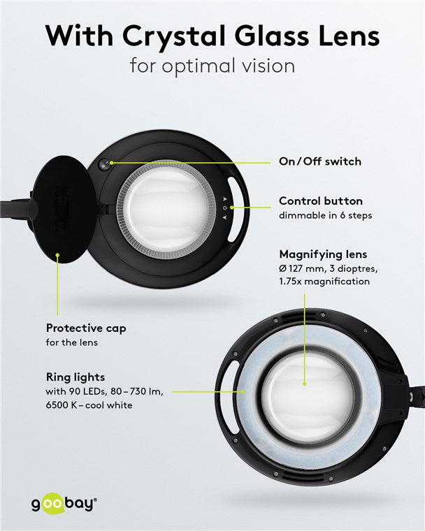 goobay LED Lupenleuchte mit Klemme / 9 W Leistungsaufnahme / 127 mm Kristall-Glaslinse/Farbtemperatur 6400 K / 1.75x Vergrößerung / Lichtstrom 83-730 Lumen / Schwarz
