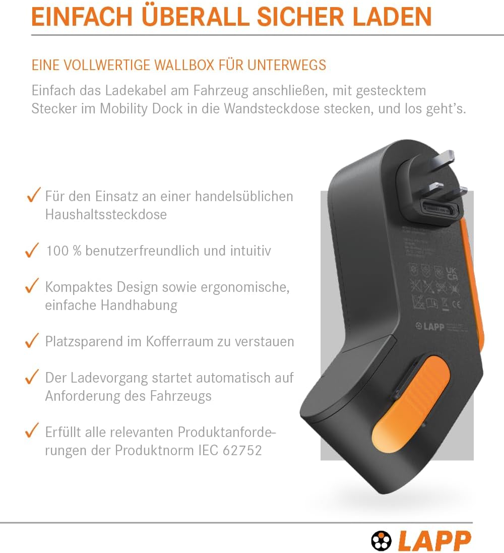Lapp Mobility Dock Typ UK / Mobiles EV Ladegerät für die Haushaltssteckdose/Notladegerät für E-Autos / Tragbares E-Auto Ladegerät für Unterwegs / Ladegerät für Elektro- und Plug-in / IP44