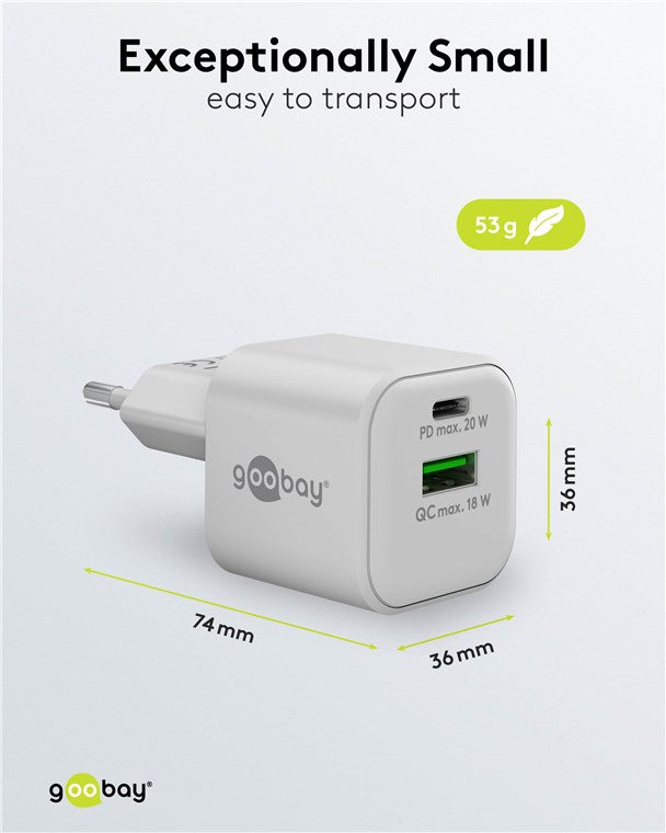 USB C Dual Schnellladegerät Nano PD (20W) / QC USB-A (18W) / USB C Ladegerät für Samsung, iPhone, iPad, MacBook/Ladestecker/Ladeadapter für Steckdose/Netzteil für Ladekabel/weiß