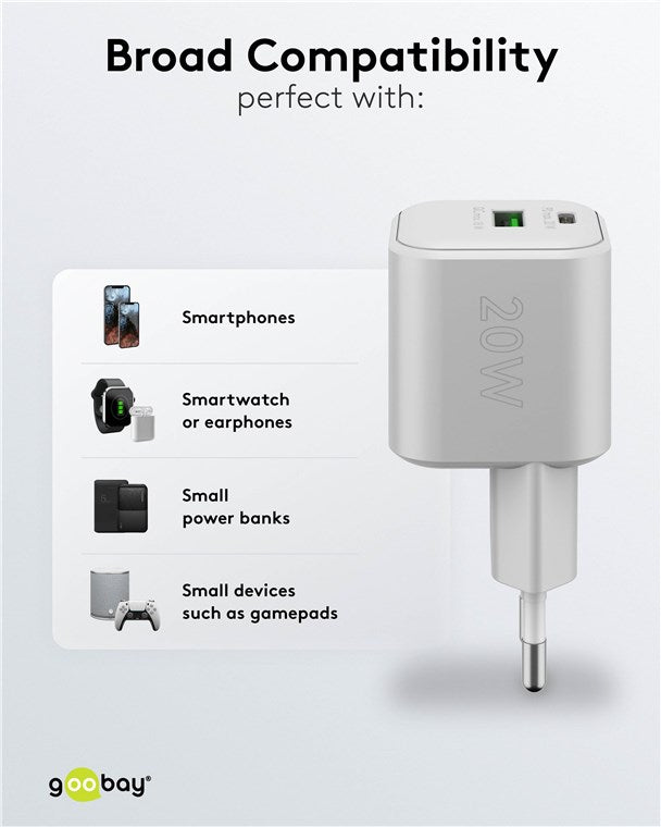 USB C Dual Schnellladegerät Nano PD (20W) / QC USB-A (18W) / USB C Ladegerät für Samsung, iPhone, iPad, MacBook/Ladestecker/Ladeadapter für Steckdose/Netzteil für Ladekabel/weiß