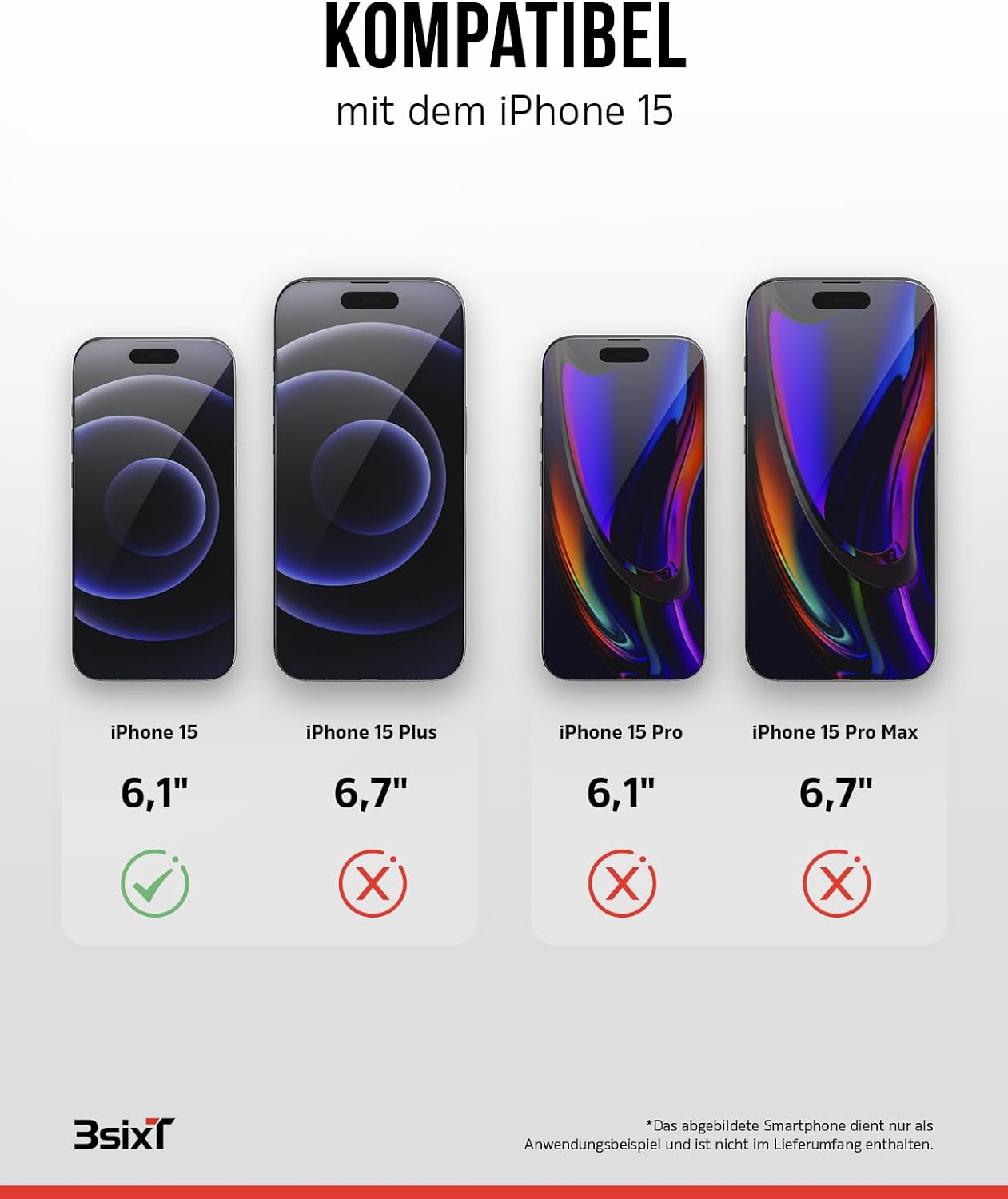 3sixT 65917 3in1 Protection Bundle für iPhone 15 / Hülle Displayschutz & Kamera Schutz Set/Inkl. Handyhülle Panzerglas Kamera Protektor stoßfest / 3in1 Hüllen Set