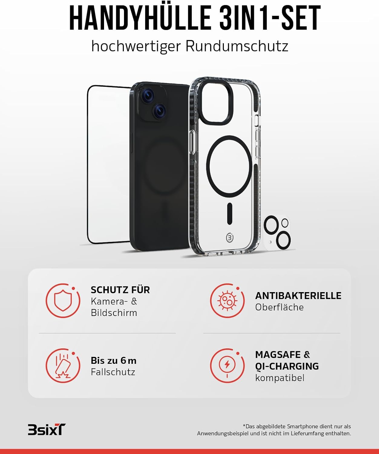 3sixT 65918 3in1 Protection Bundle für iPhone 15 Plus/Hülle Displayschutz & Kamera Schutz Set/Inkl. Handyhülle Panzerglas Kamera Protektor stoßfest / 3in1 Hüllen Set