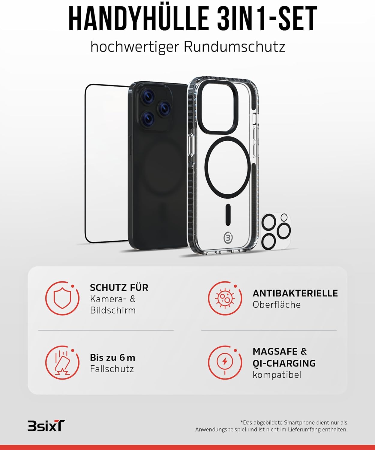 3sixT 65919 3in1 Protection Bundle für iPhone 15 Pro/Hülle Displayschutz & Kamera Schutz Set/Inkl. Handyhülle Panzerglas Kamera Protektor stoßfest / 3in1 Hüllen Set iPhone 15