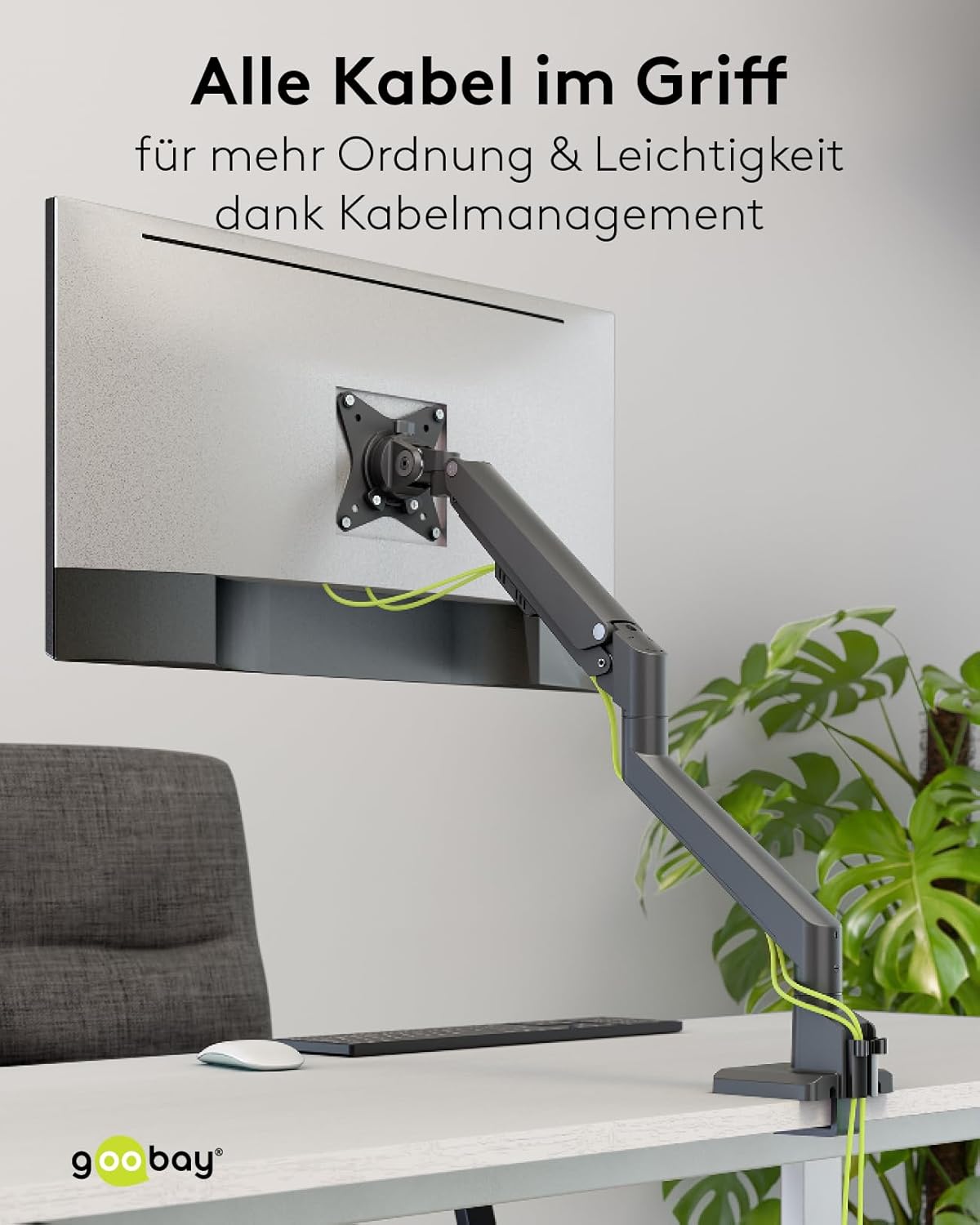 goobay Monitorhalterung mit Gasdruckfeder für Monitore von 17 bis 32 Zoll (43-81 cm), max. 9 kg, einfache Snap-in-Montage der Arme, VESA 75/100mm, schwarz