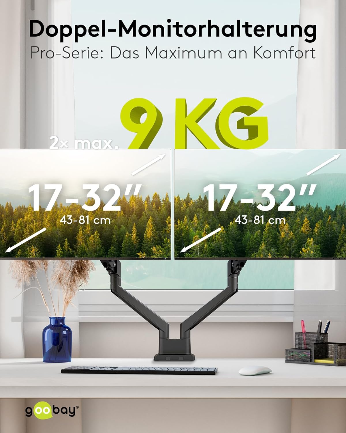 goobay Doppel Monitorhalterung mit Gasdruckfeder für Monitore von 17 bis 32 Zoll (43-81 cm), max. 9 kg, einfache Snap-in-Montage der Arme, VESA 75/100mm, schwarz