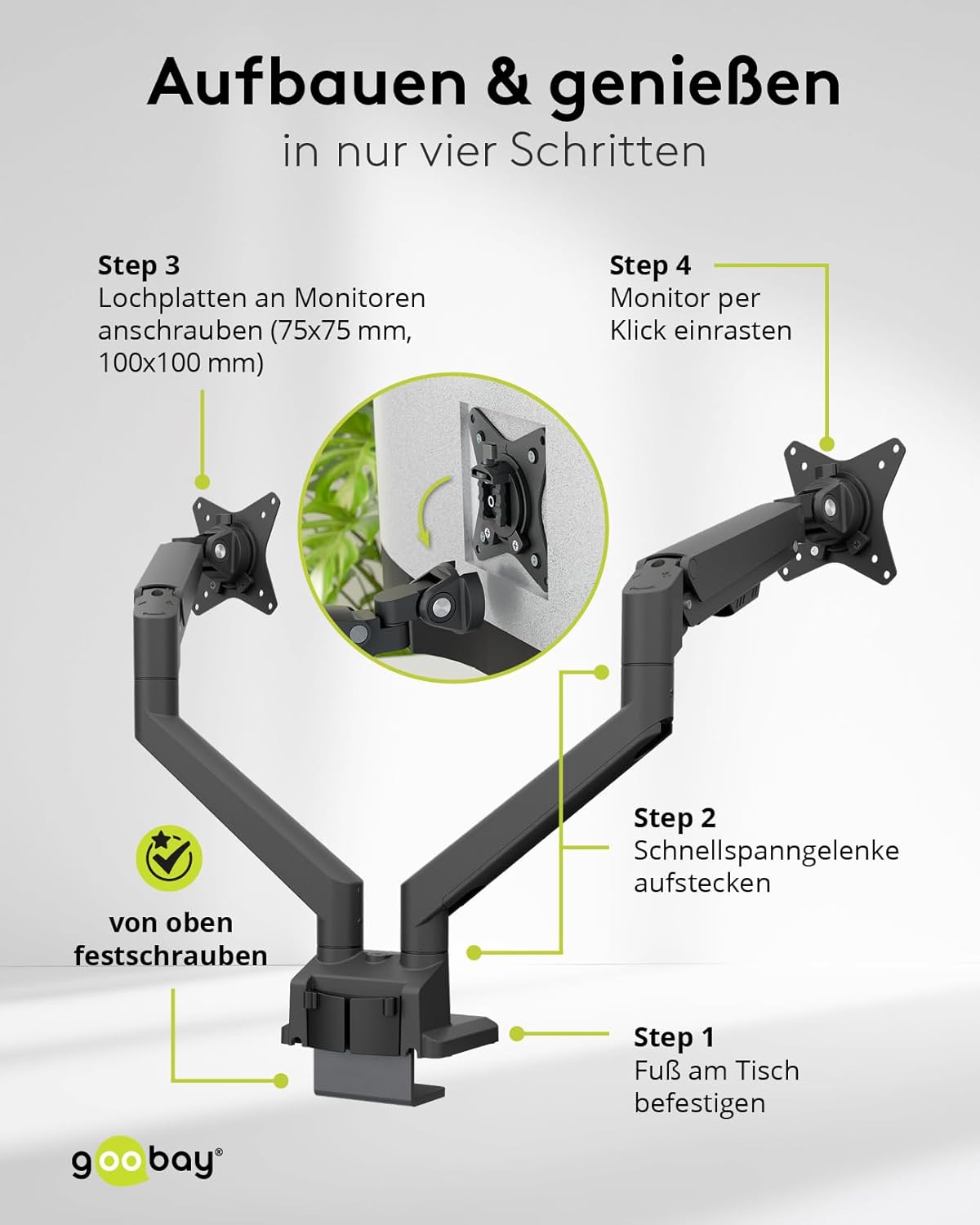 goobay Doppel Monitorhalterung mit Gasdruckfeder für Monitore von 17 bis 32 Zoll (43-81 cm), max. 9 kg, einfache Snap-in-Montage der Arme, VESA 75/100mm, schwarz