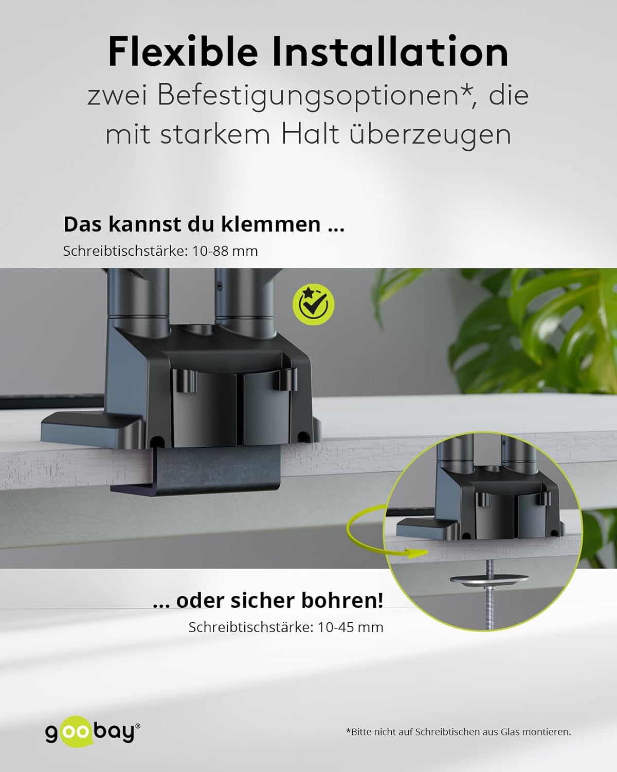 goobay Doppel Monitorhalterung mit Gasdruckfeder für Monitore von 17 bis 32 Zoll (43-81 cm), max. 9 kg, einfache Snap-in-Montage der Arme, VESA 75/100mm, schwarz