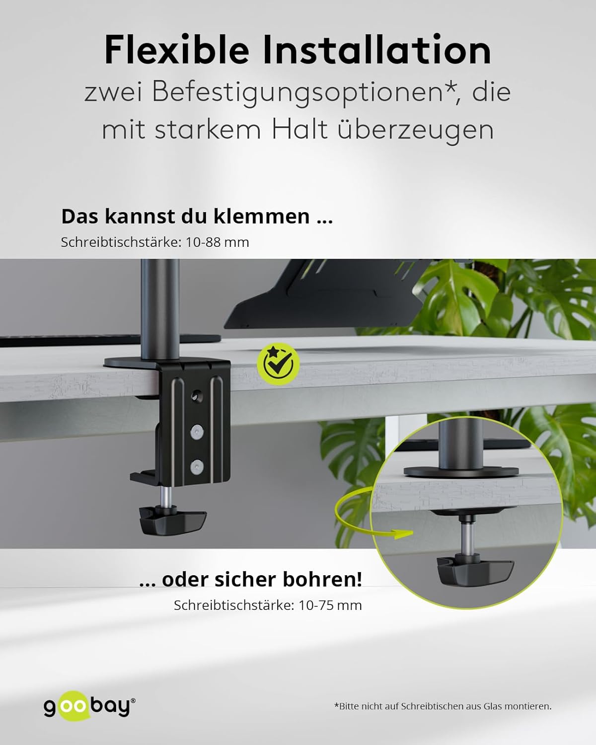 goobay Flexible Monitorhalterung mit Ablage für einen mobilen Laptop, Arbeitsstation für Monitore von 13 bis 32 Zoll (33-81 cm) Plus einen Laptop, max. 4,5 kg, VESA 75/100mm, schwarz