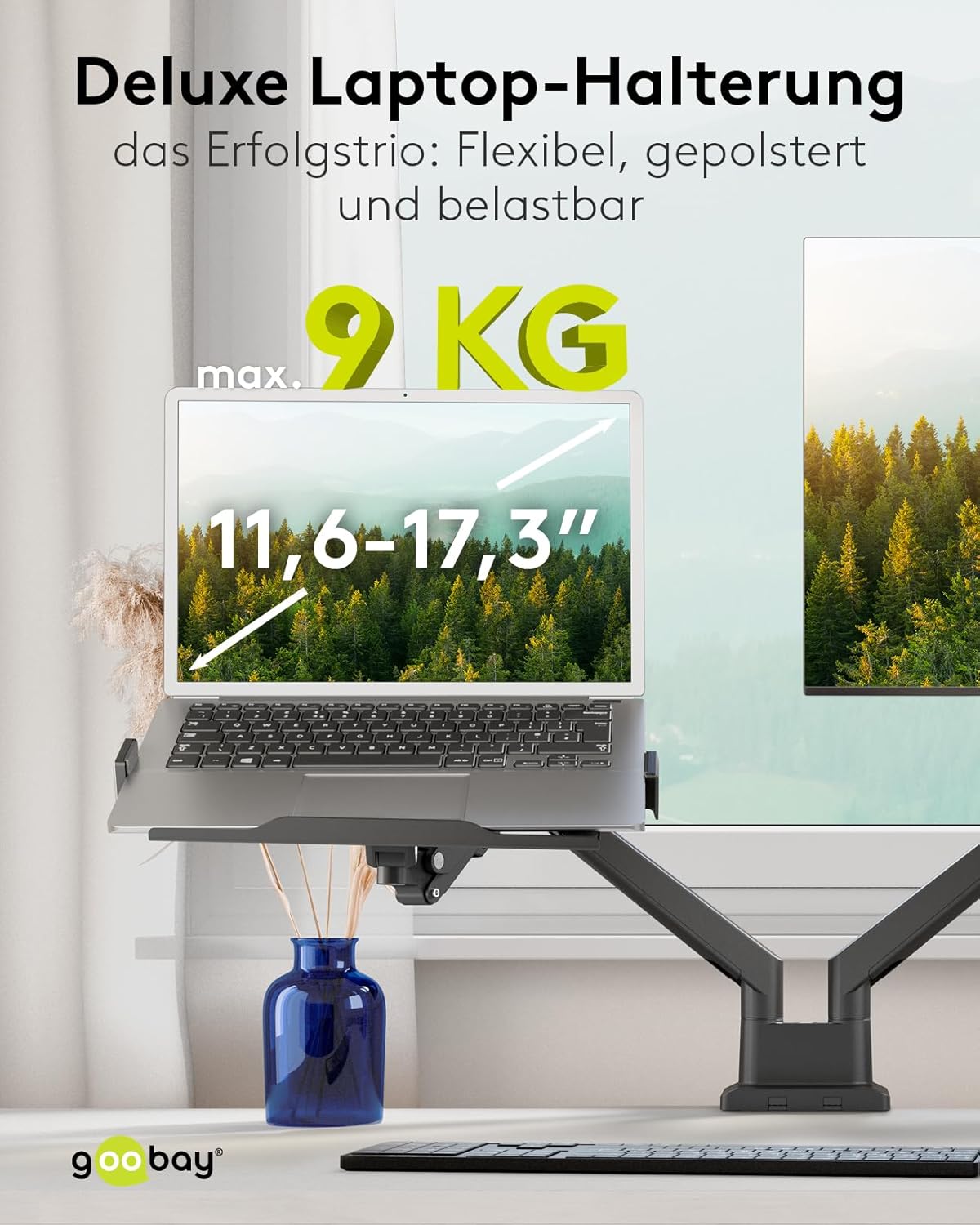 goobay Deluxe Laptophalterung für Monitore von 11,6 bis 17,3 Zoll (29-44 cm), max. 9 kg, zur Montage an eine Monitorhalterung, VESA 75/100mm, schwarz