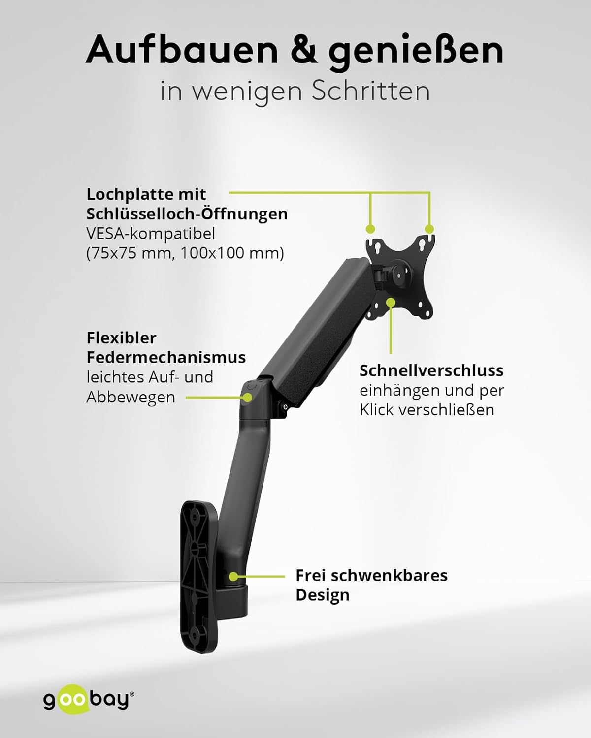 goobay Monitor Wandhalterung mit mechanischer Feder für Monitore von 17 bis 32 Zoll (43-81 cm), max. 9 kg, Wandmontage, VESA 75/100mm, schwarz