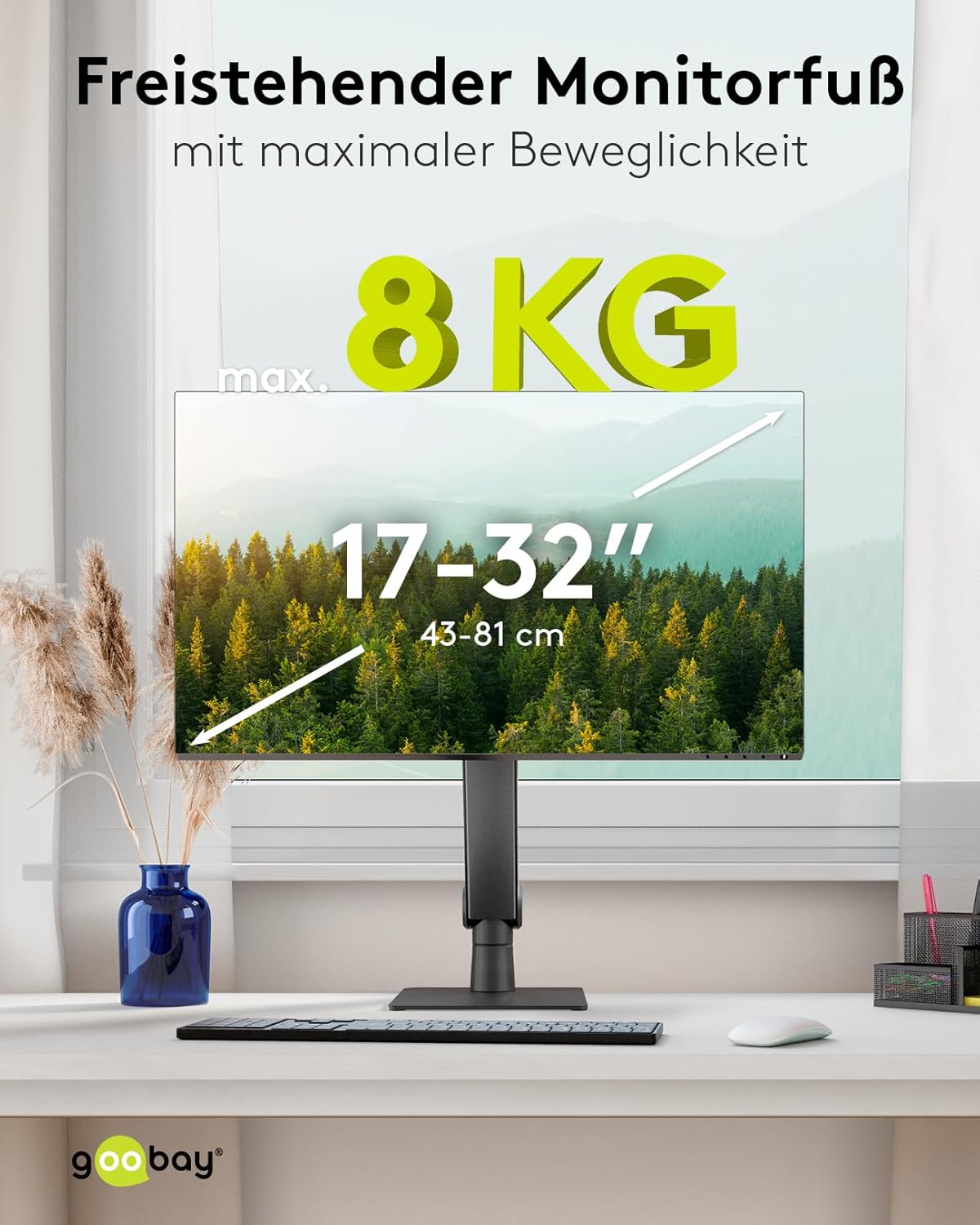 goobay Freistehende Tisch Monitorhalterung für Monitore von 17 bis 32 Zoll (43-81 cm), max. 8 kg, vollbeweglicher Tischständer, VESA 75/100mm, schwarz