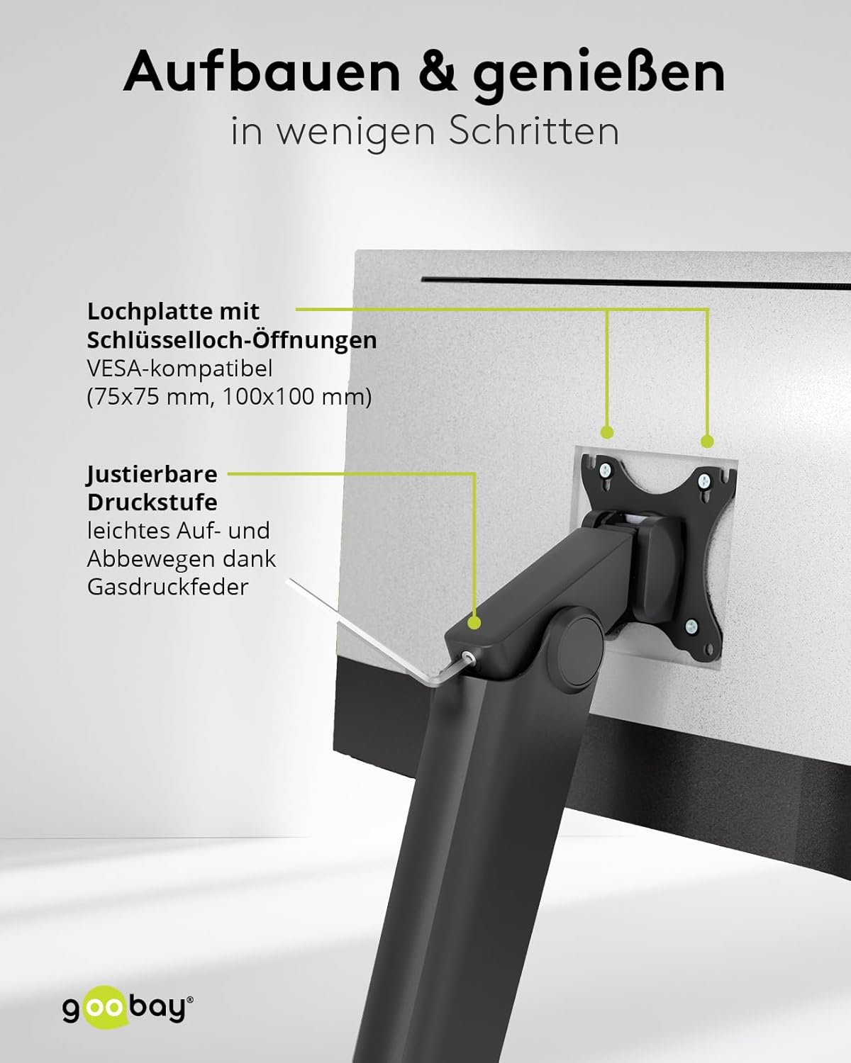 goobay Freistehende Tisch Monitorhalterung für Monitore von 17 bis 32 Zoll (43-81 cm), max. 8 kg, vollbeweglicher Tischständer, VESA 75/100mm, schwarz