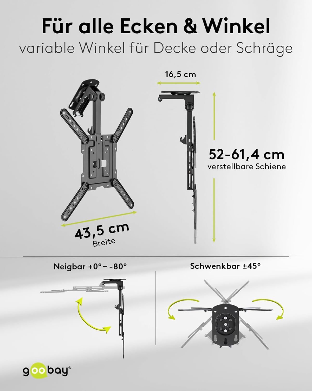 goobay TV-Deckenhalterung für Fernseher von 23 bis 55 Zoll (58 – 140 cm), TV Halterung, max. 20 kg, seitlich schwenkbar, Deckenwinkel einstellbar, mit Hochklapp- und Verriegelungsfunktion