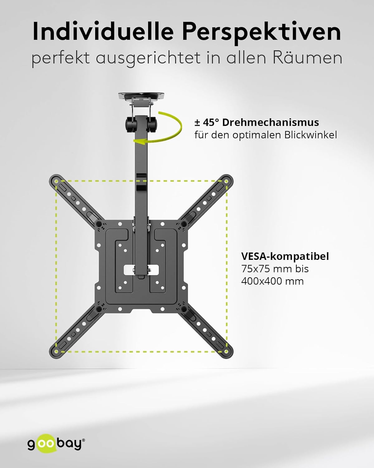 goobay TV-Deckenhalterung für Fernseher von 23 bis 55 Zoll (58 – 140 cm), TV Halterung, max. 20 kg, seitlich schwenkbar, Deckenwinkel einstellbar, mit Hochklapp- und Verriegelungsfunktion